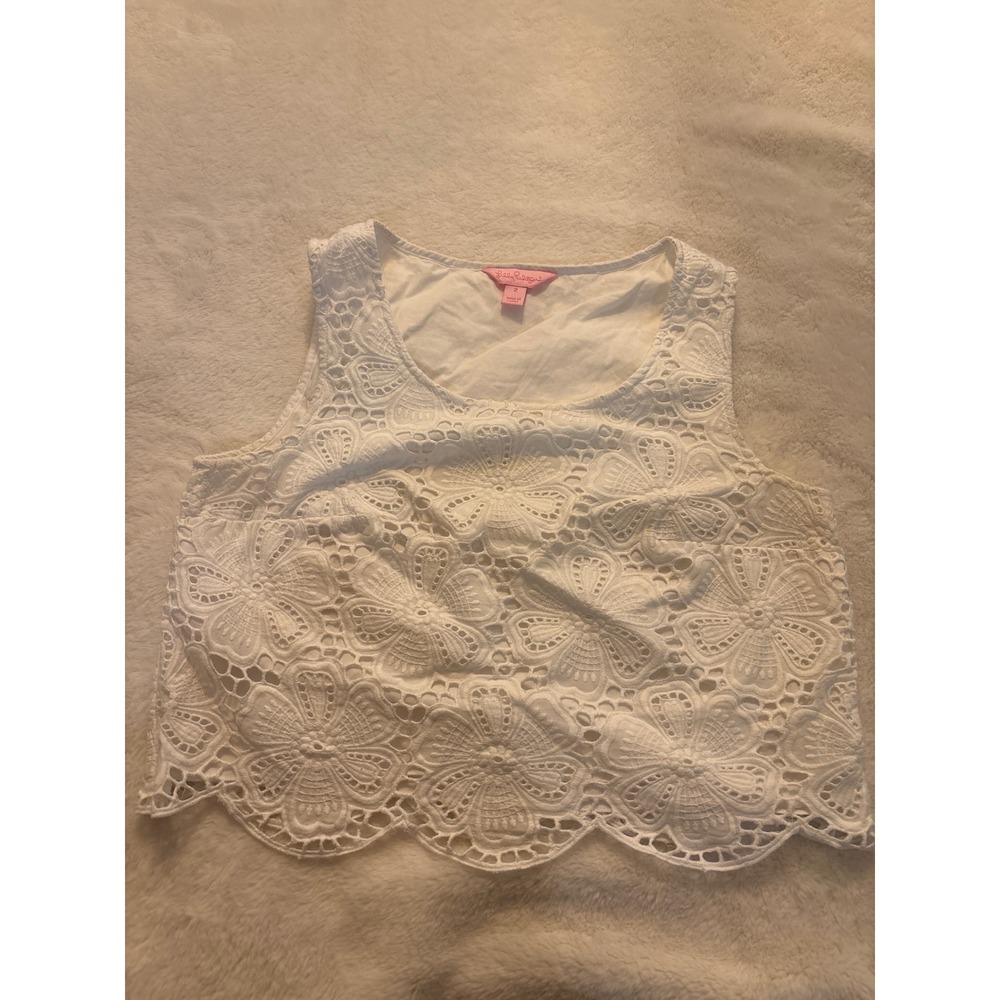 Lilly Pulitzer White Floral Eyelet Lace Crop Top Sleeveless Scalloped Hem Size 2
